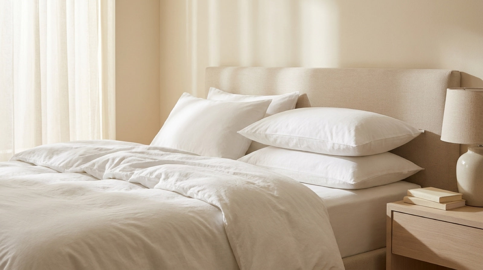 Neatly made hotel-style bed with two white plush pillows