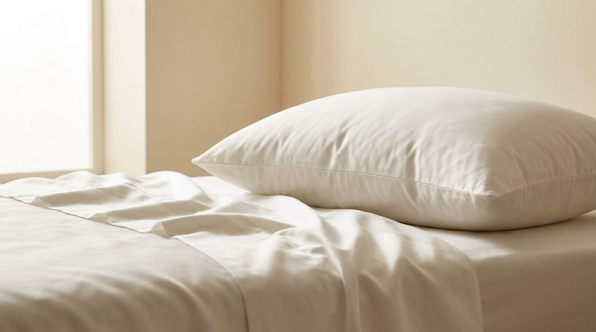 Plush white hotel pillow resting on sateen bed sheets