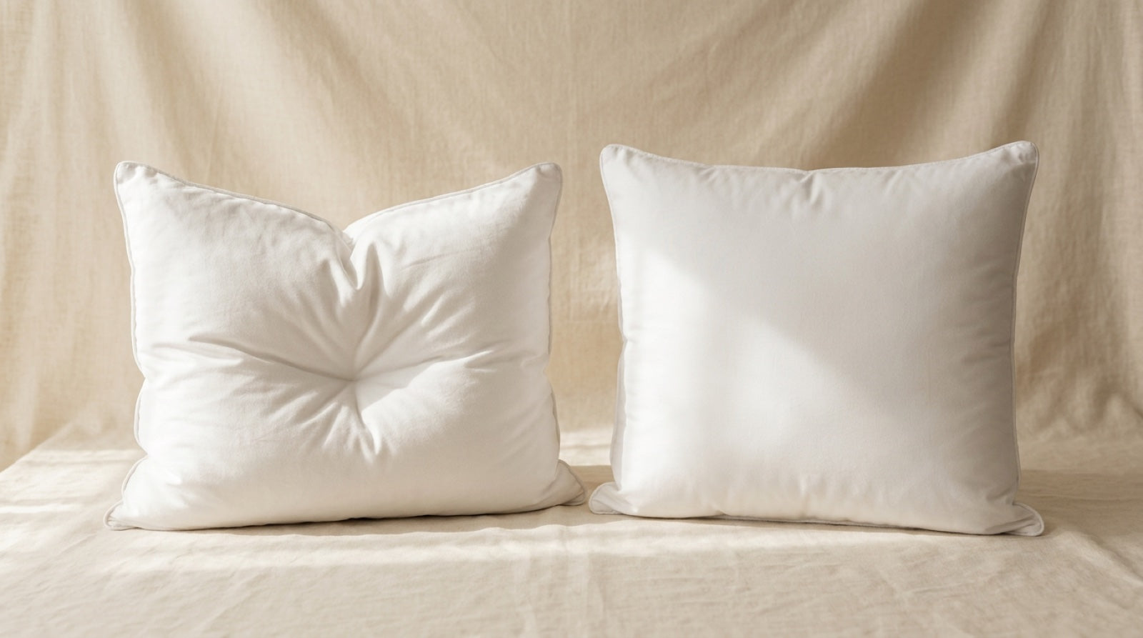 Plush hotel pillow beside a firm foam-style pillow on a cream backdrop