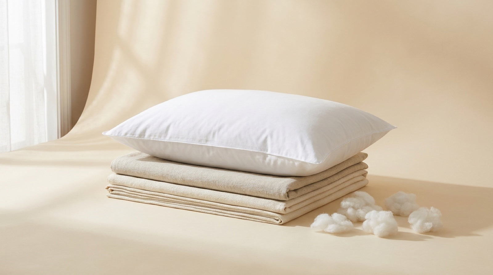 White hotel pillow on folded natural cotton with recycled fibre fill