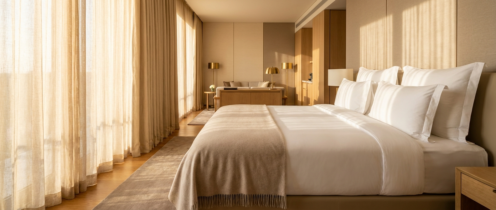 Boutique hotel suite with crisp white bedding