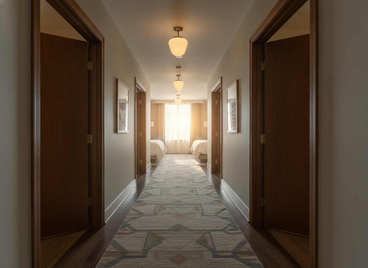 Boutique hotel hallway with consistent room design