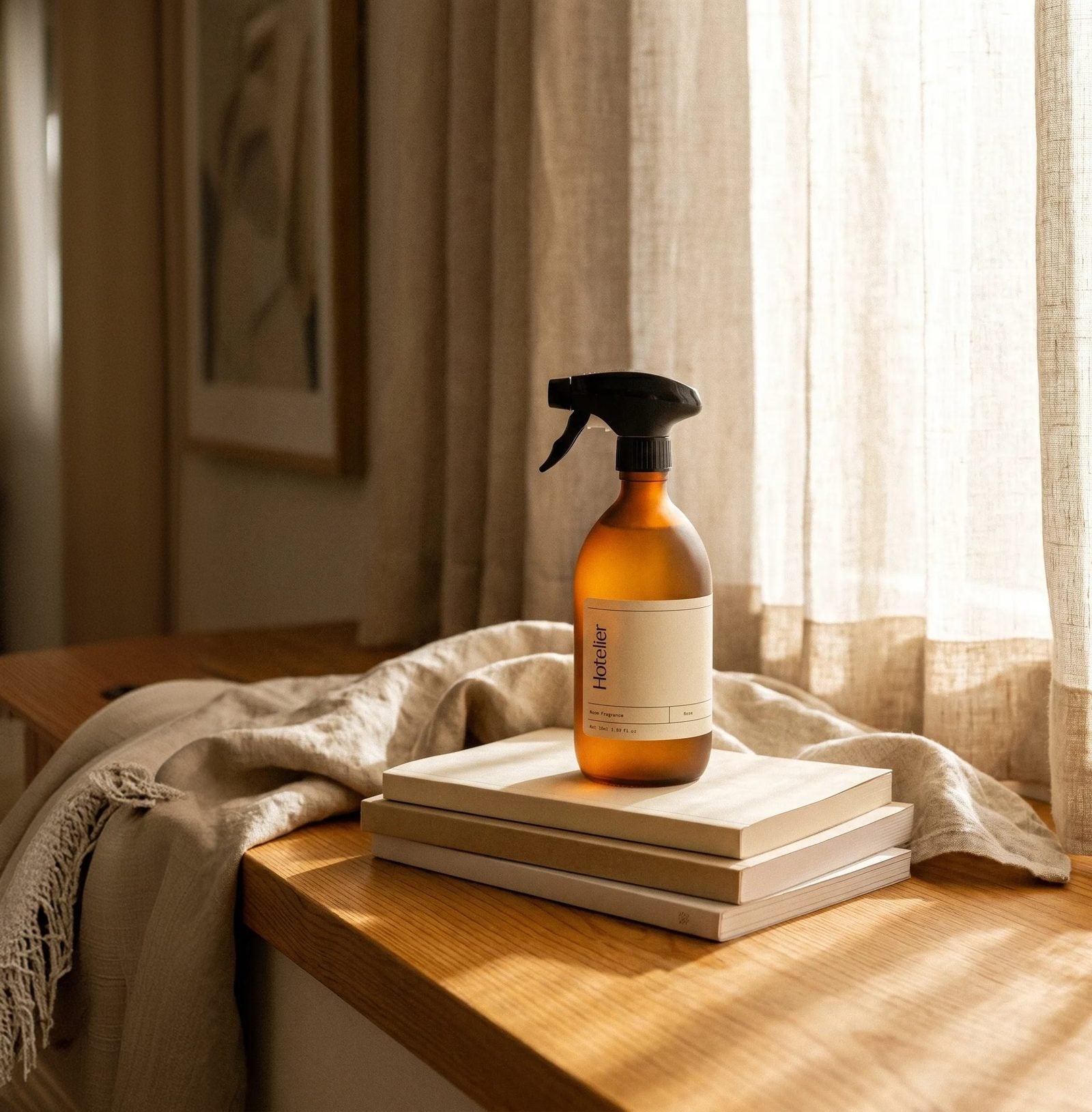 Hotelier bottle in a warm, hotel-inspired interior