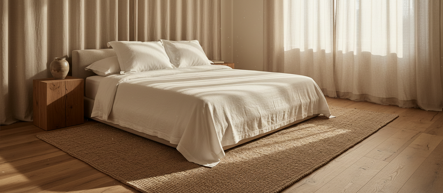 A sustainable luxury hotel bedroom in warm golden light