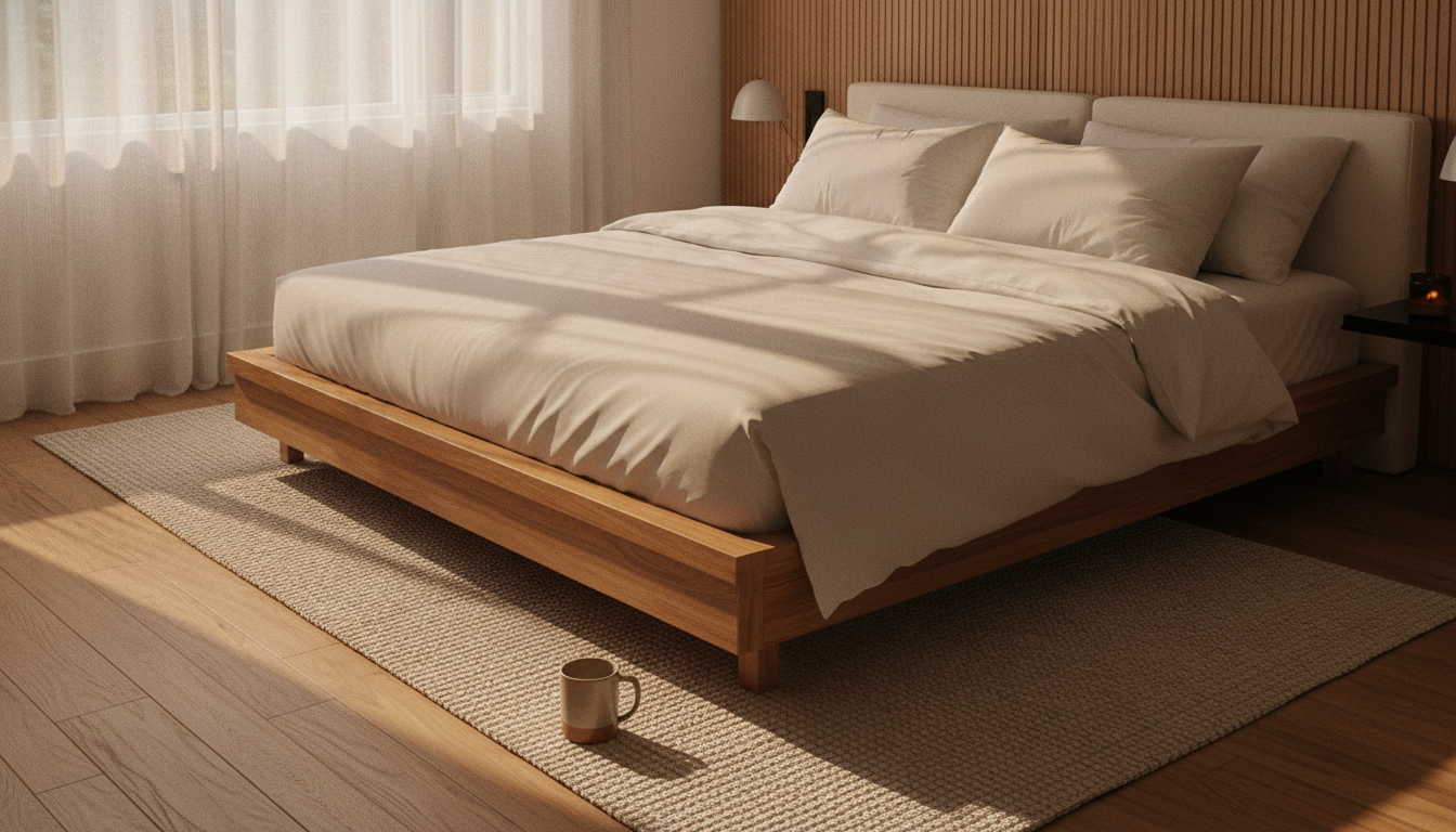 A gently-lived-in sustainable luxury bedroom in warm light