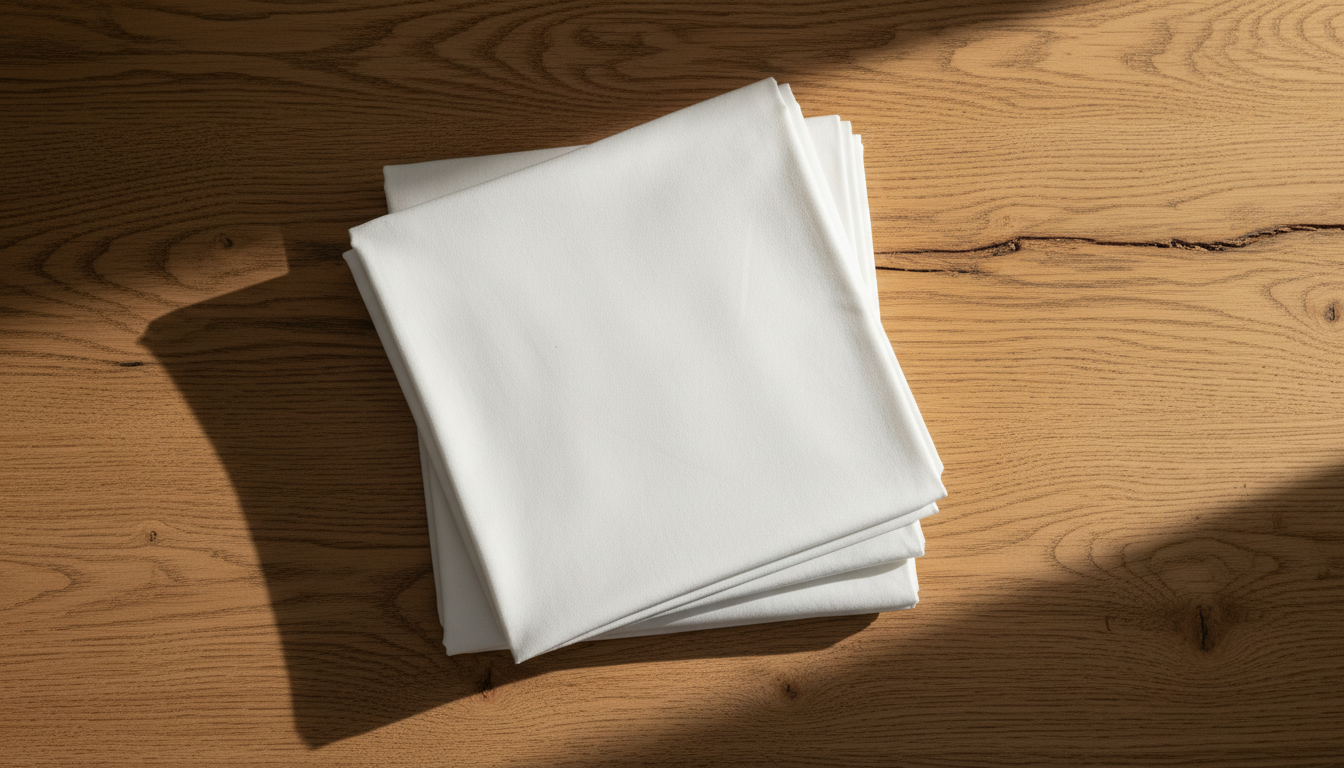 Folded crisp white hotel sheets on raw reclaimed-oak