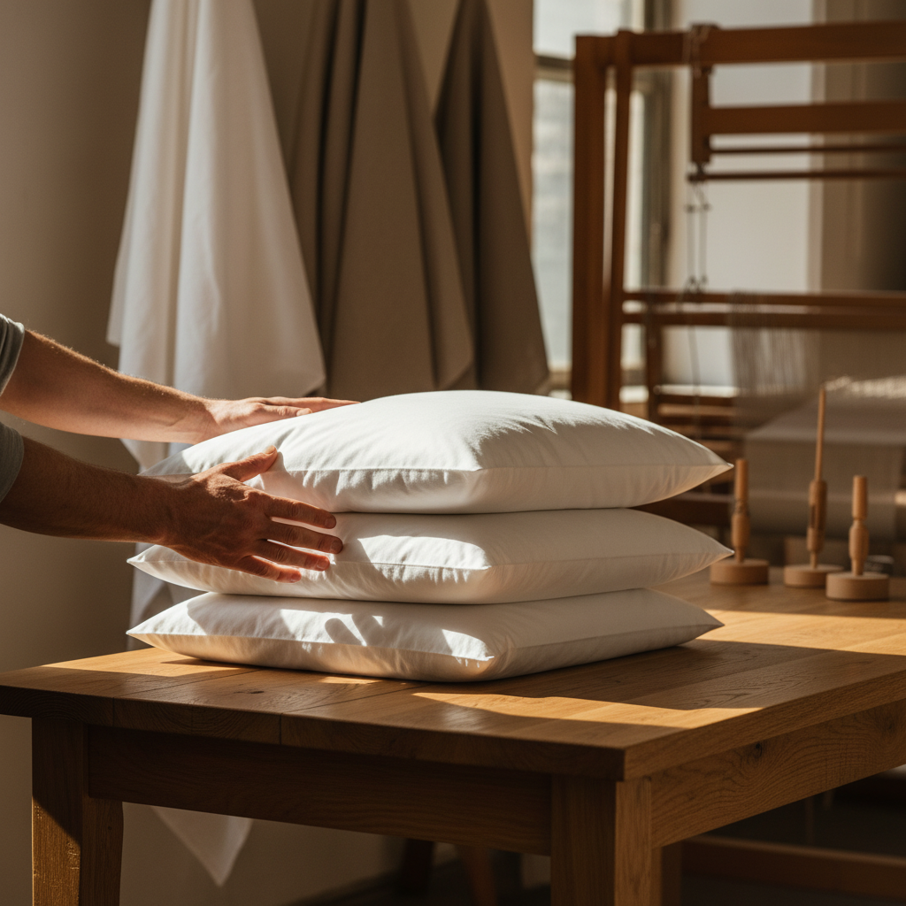 A craftsperson arranging folded white hotel pillows on raw wood